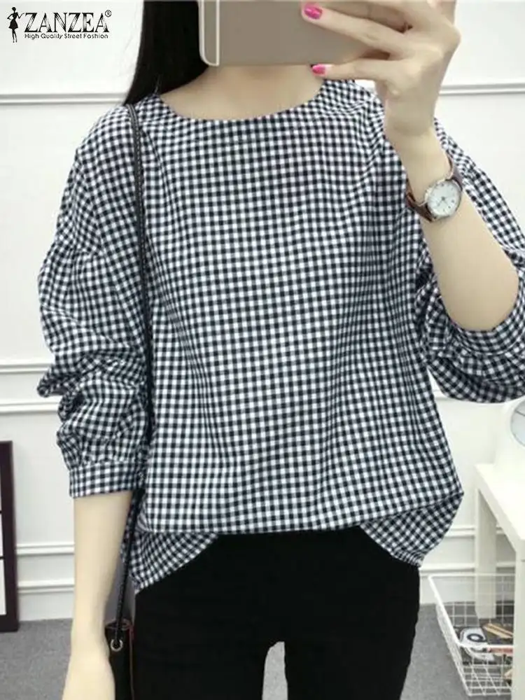 

Женская клетчатая блузка ZANZEA в клетку, осенняя рубашка с круглым вырезом и длинным рукавом, Женская Повседневная Туника, топы, винтажные женские блузы для отдыха