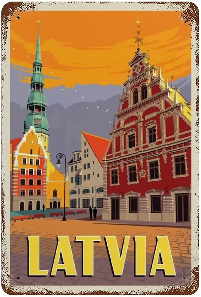 Larkverk Латвийский постер для путешествий, Веселый металлический знак, Настенный декор, домашний декор для бара, кафе, 12x8 дюймов