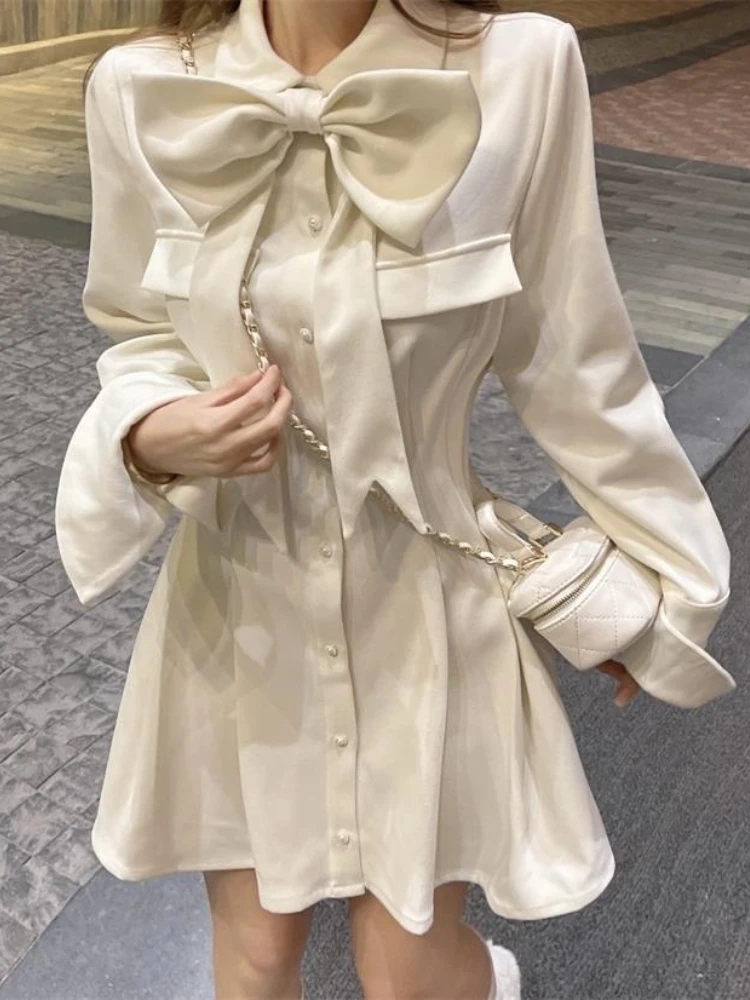 

HOUZHOU Sweet Elegant Dress Long Sleeve Kawaii Bow Vintage Shirt Dresses Women Korean Fashion Slim High Street Autumn Robe
