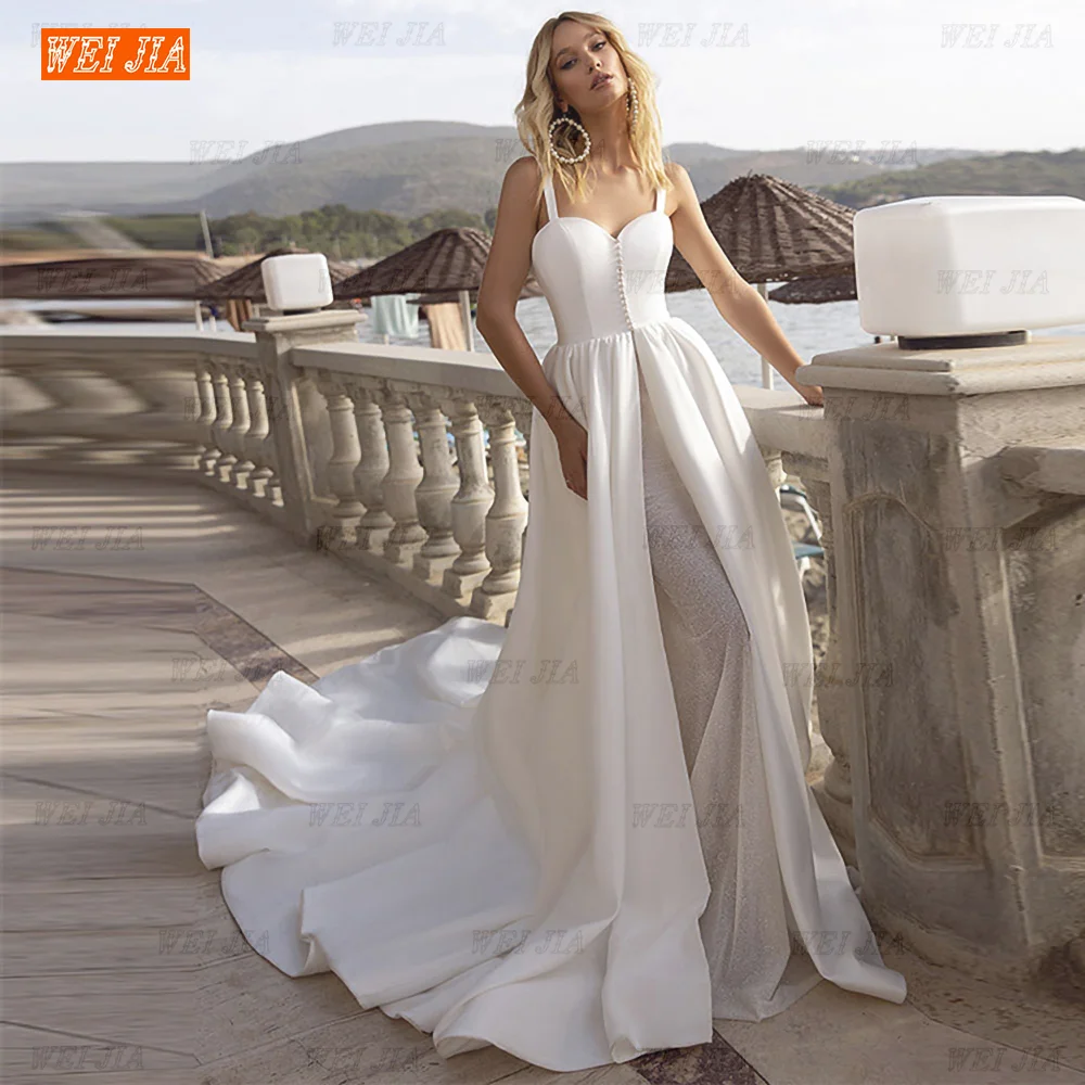 

Свадебное пляжное блестящее атласное Тюлевое Свадебное Платье трапециевидного силуэта в стиле бохо Robe De Mariee Custom 2022 WEIJIA