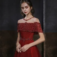Luxury Wine Red Evening Dress A-line Sequins Lace O-Neck Diamond Floor-Length Elegant Formal  Prom Party Banquet Bridesmaid Gown