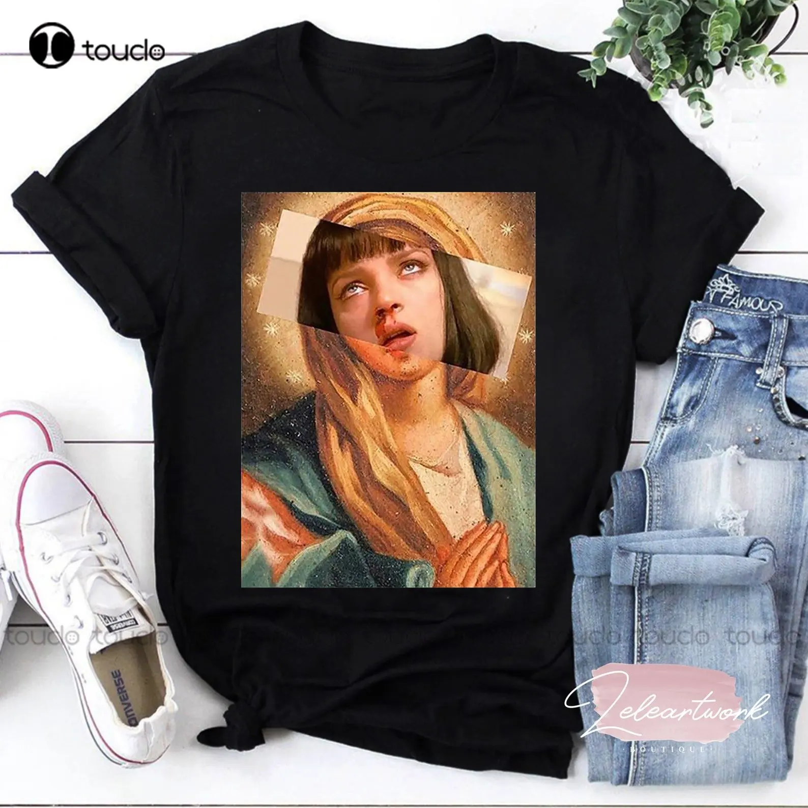 Целлюлозно-фантастическая футболка с изображением Девы Мэри и миы Уоллес, рубашка с изображением миы Уоллес, рубашка с изображением целлюлозной фантастики, розовая рубашка Uma тёрман, индивидуальный подарок