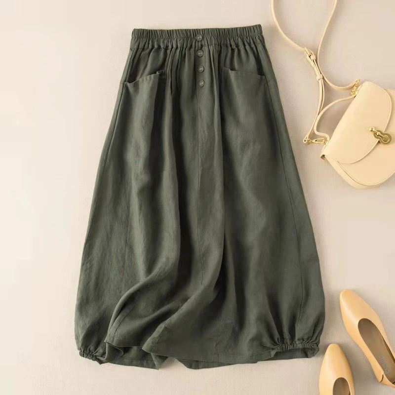

High Waisted A Word Thin Solid Color Skirts Women Summer New Imitation Linen Retro Artistic Temperament Button Mid Length Skirt