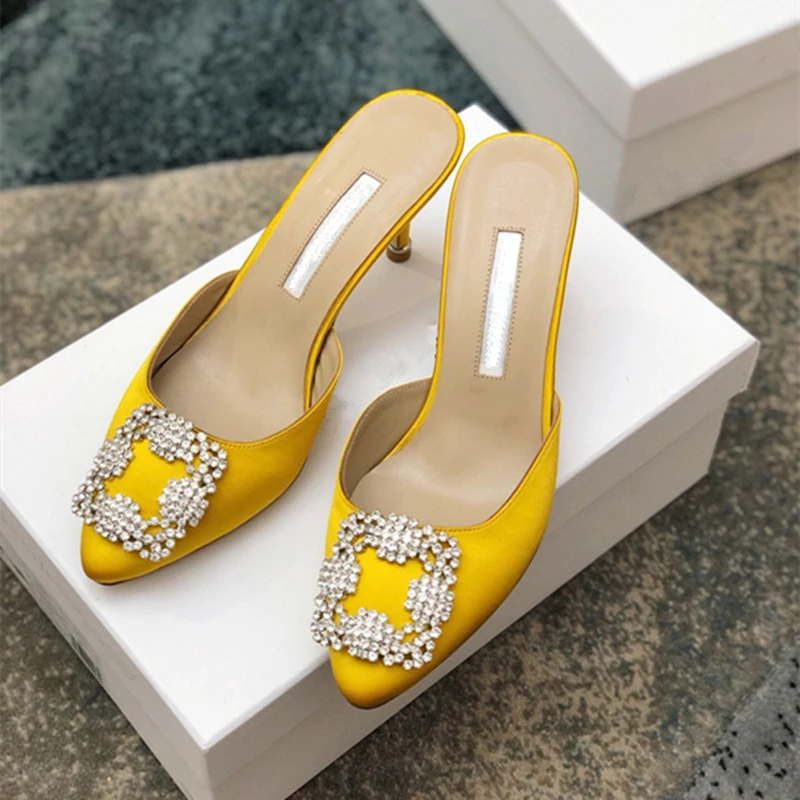 European and American women's new high heels satin rhinestone buckle fashion slippers