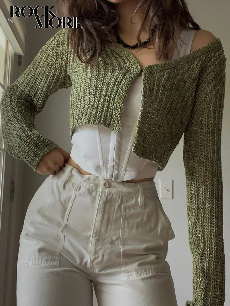 

Rockmore зеленый винтажный укороченный свитер вязаный женский вязаный кардиган Топы с длинным рукавом Y2K однотонная Верхняя одежда Повседневн...
