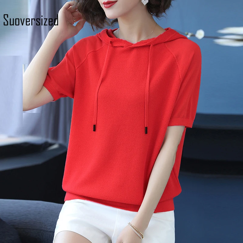 

Повседневные однотонные трикотажные топы Suover размера d с коротким рукавом и капюшоном, летняя свободная футболка большого размера, базовая ...