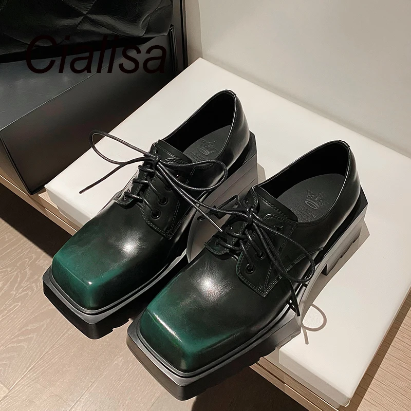 

Лоферы Cialisa женские на платформе с квадратным носком, винтажные туфли из натуральной кожи на массивном каблуке, весенняя обувь, 2023