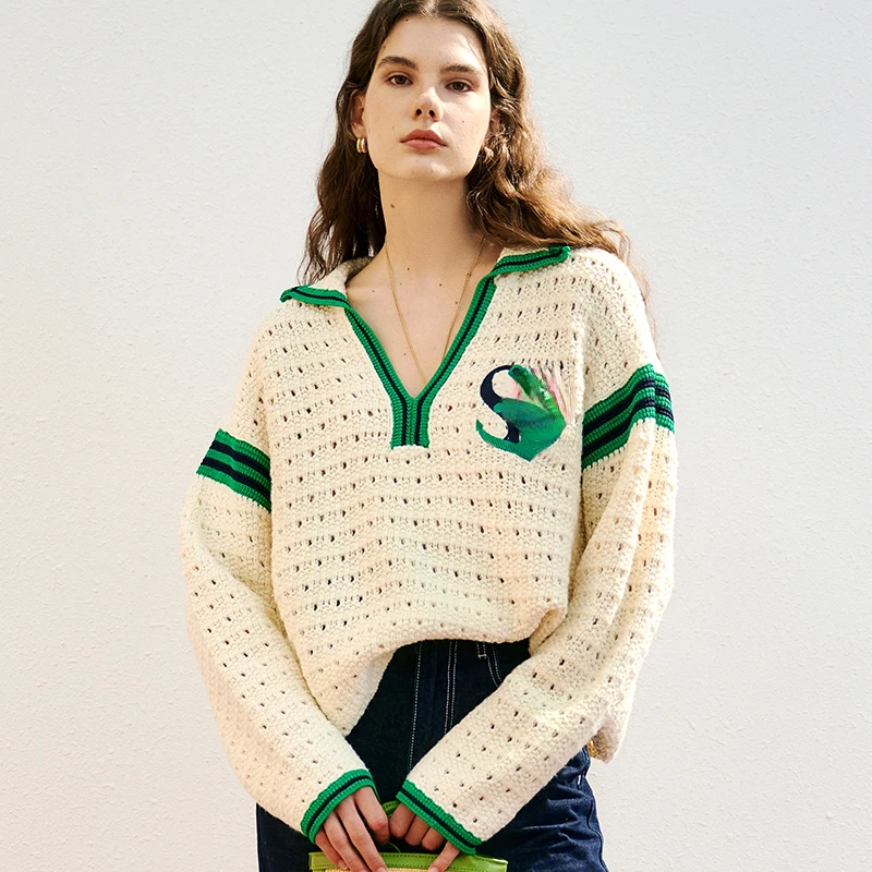

Женский шерстяной свитер EOS с V-образным вырезом и контрастной отделкой, 2023 французская мода