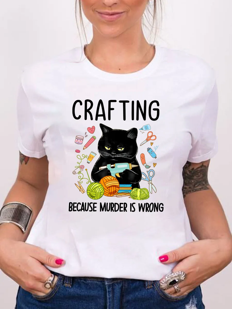 

Women's Summer Soft Short Sleeve 2022 Crafting Because Murder Is Wrong Shirts For Animal Cat Lovers Female Daily T-shirts Tops