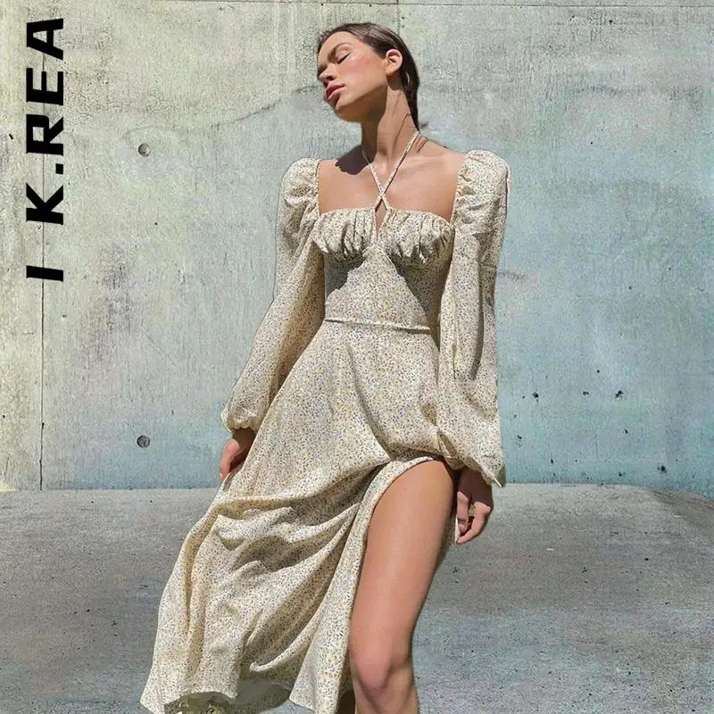 Женское платье макси с длинным рукавом рюшами и разрезом на завязках |