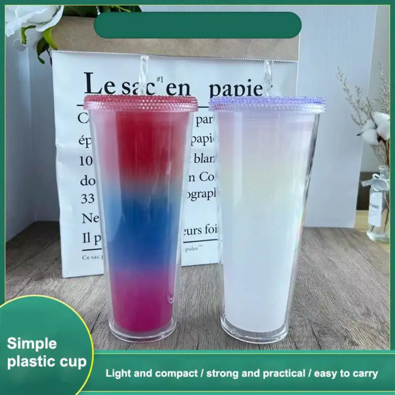 

710ML Double-layer Plastic Straw Water Cup Temperature Sensitive Color Changing Cup Coffee Cold Drink Cup With Straw Gradient