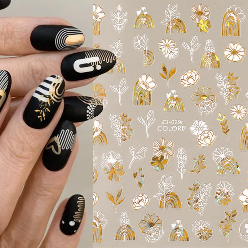 1 лист 3D наклеек для ногтей золотые белые листья цветы клейкая наклейка Дизайн