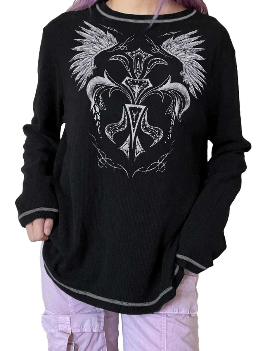 

Женские топы с длинным рукавом и принтом в виде крыльев, свободные готические Топы в стиле Харадзюку, Осенние гранж-футболки черного цвета с круглым вырезом, новинка 2023