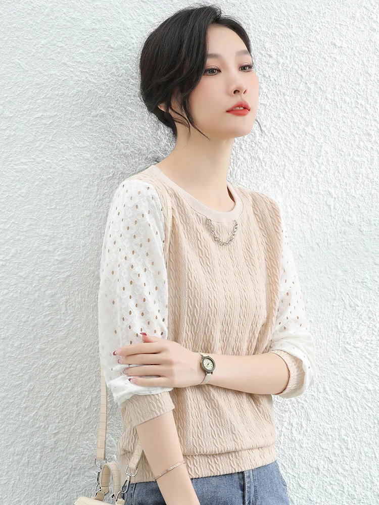 

HCXR Women Sweaters 2023 Autumn Crew Neck Splicing Hollow Out Chiffon Long Sleeve Top Korean Fashion Knitted Sweater