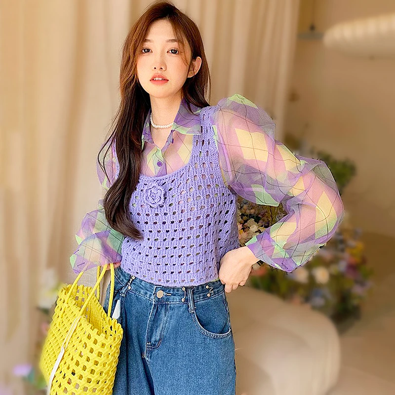

Korea Fashion New In Ladies Clothes Diamond Check Shirts Tops And Knitted Hollowed Out Vest For Women Casual Clothing SL391