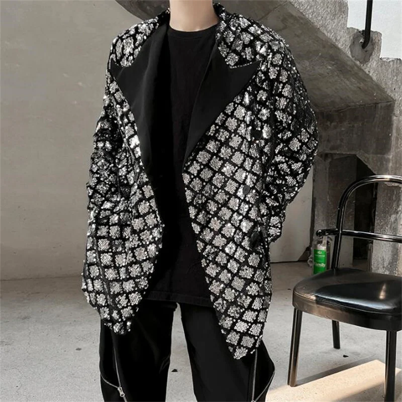 

Stage Suits Men'S Blazers Clothing Small Number Sequins Fried Street Senior Sense Ruffian Handsome Jacket Lapel Silver Singer