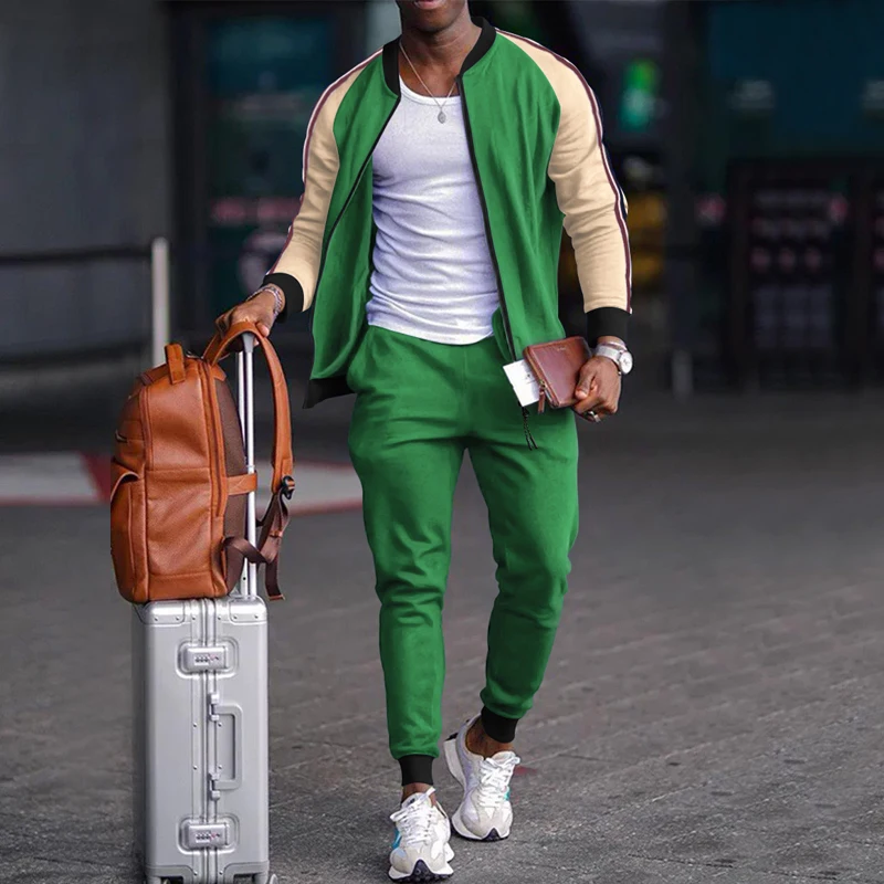 New Youth Fashion Stand Collar Zipper Cardigan Men's Retro Color Matching Casual Sports Premium Suit