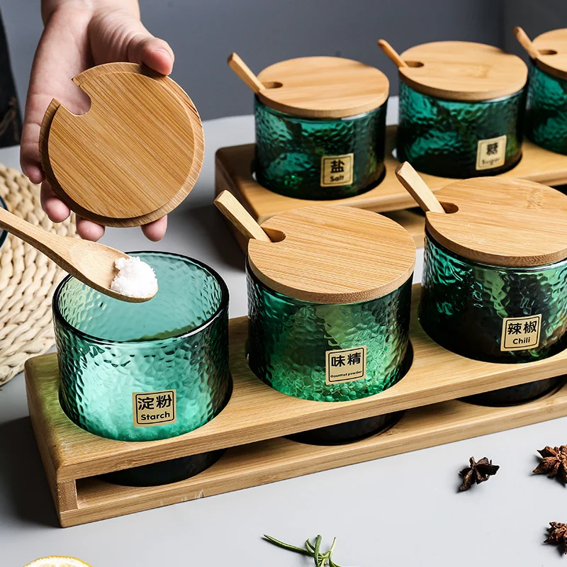 

Household Kitchen Glass Box Bamboo Cover Spice Jar Flavoring Salt Sucrier Moisture-Proof Cruet Set