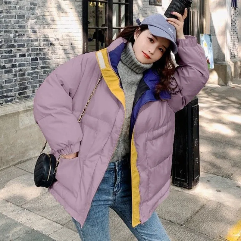 Women Winter Fashion Bubble Coats Jackets Cotton Padded Bread Coat Fake Two Stand Collar Thickened Loose Black Warm Streetwear