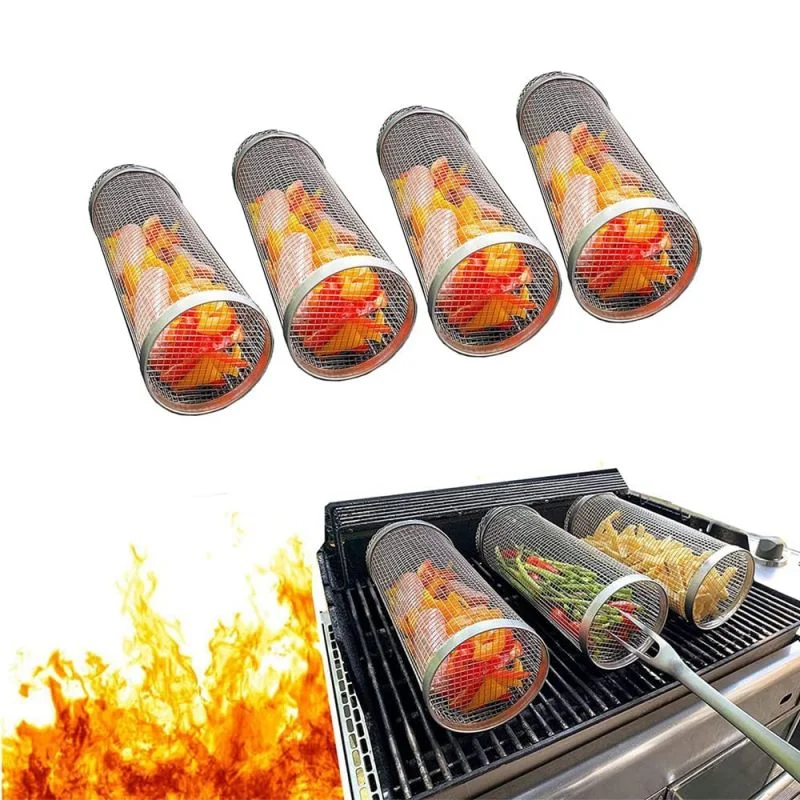 2023 스테인레스 스틸 바베큐 요리 그릴 바구니, 캠프파이어 그릴 그리드, 야외 라운드 바비큐 그릴 바구니, 신제품