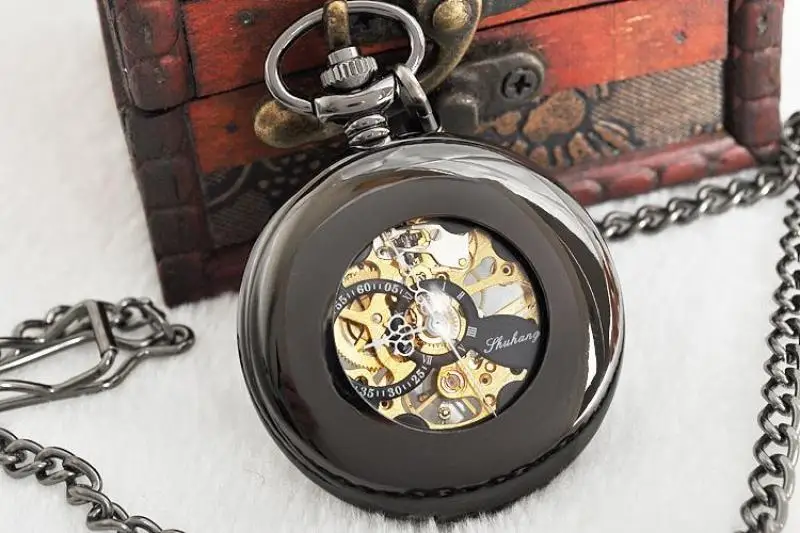 Black Polished Hollow Simple Design Mechanical Pocket Watch Retro Steampunk Skeleton Style Fob Chain Men's Watch Holiday Gift
