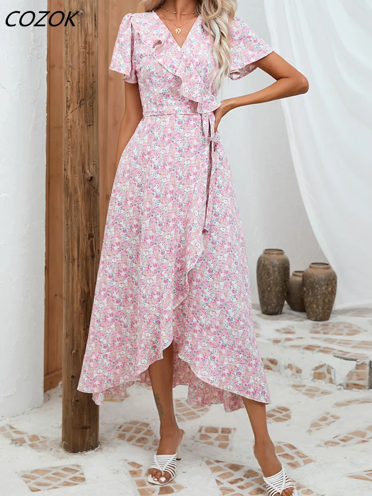 

Summer Ruffle Print Bodycon Dress Women V Neck Sexy Split Beach Office Casual Ladies Dresses 2023