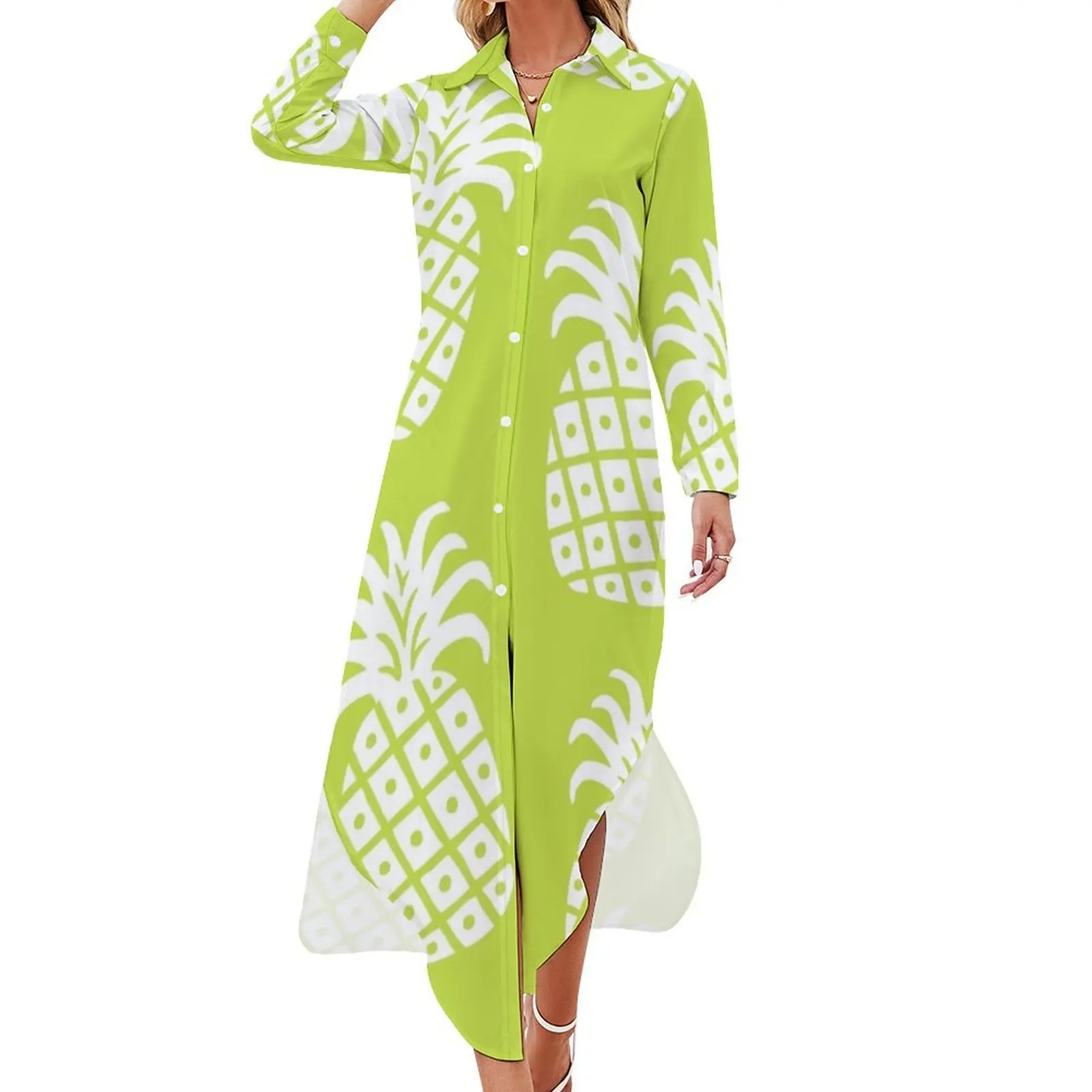 Платье-рубашка с длинным рукавом и принтом ананасов