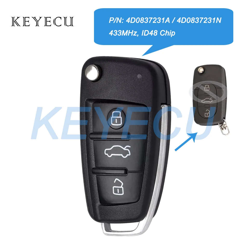 

Модернизированный флип-брелок Keyecu с дистанционным управлением, 433 МГц, чип ID48 для Audi TT RS4 A3 A4 A6 A8 Quattro P/N: 4D 0837231 А / 4D 0837231 N