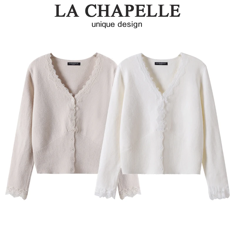 La Chabell French sle Lace V-neck Knitted Bottoming Shirt Women Autumn and Winter High Sense Inner wear Crop Sweater Cardigan