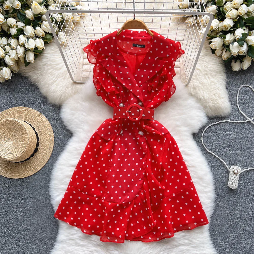 

High quality suit collar polka dot dress, summer women's unique and beautiful ruffle hem waist skirt trend