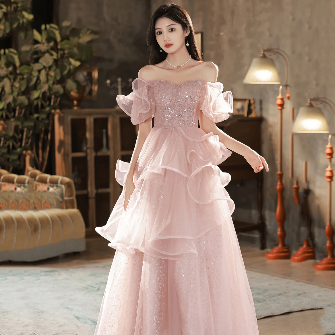 Nagodo  2023 New In High-end Luxury Pink Off Shoulder Evening Long DressesWomen Strapless Shiny Mesh Tulle Party Prom Dresses