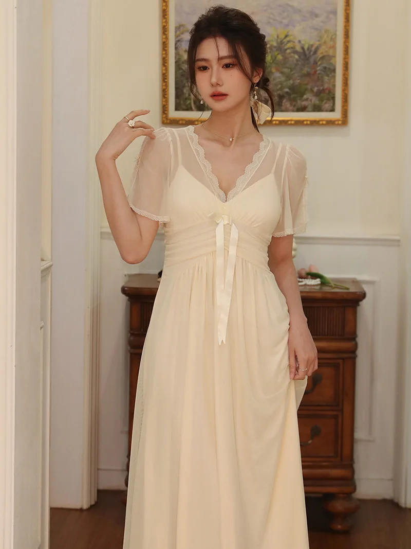 Women Female French Nightgowns Summer Ruffles Sexy Nighty Dress Sexy Mesh Sweet Fairy Victorian Pajamas Sleepwear Homewear