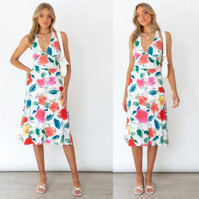 

AliExpress2022Spring New Hot Sale Halterneck Printed Dress