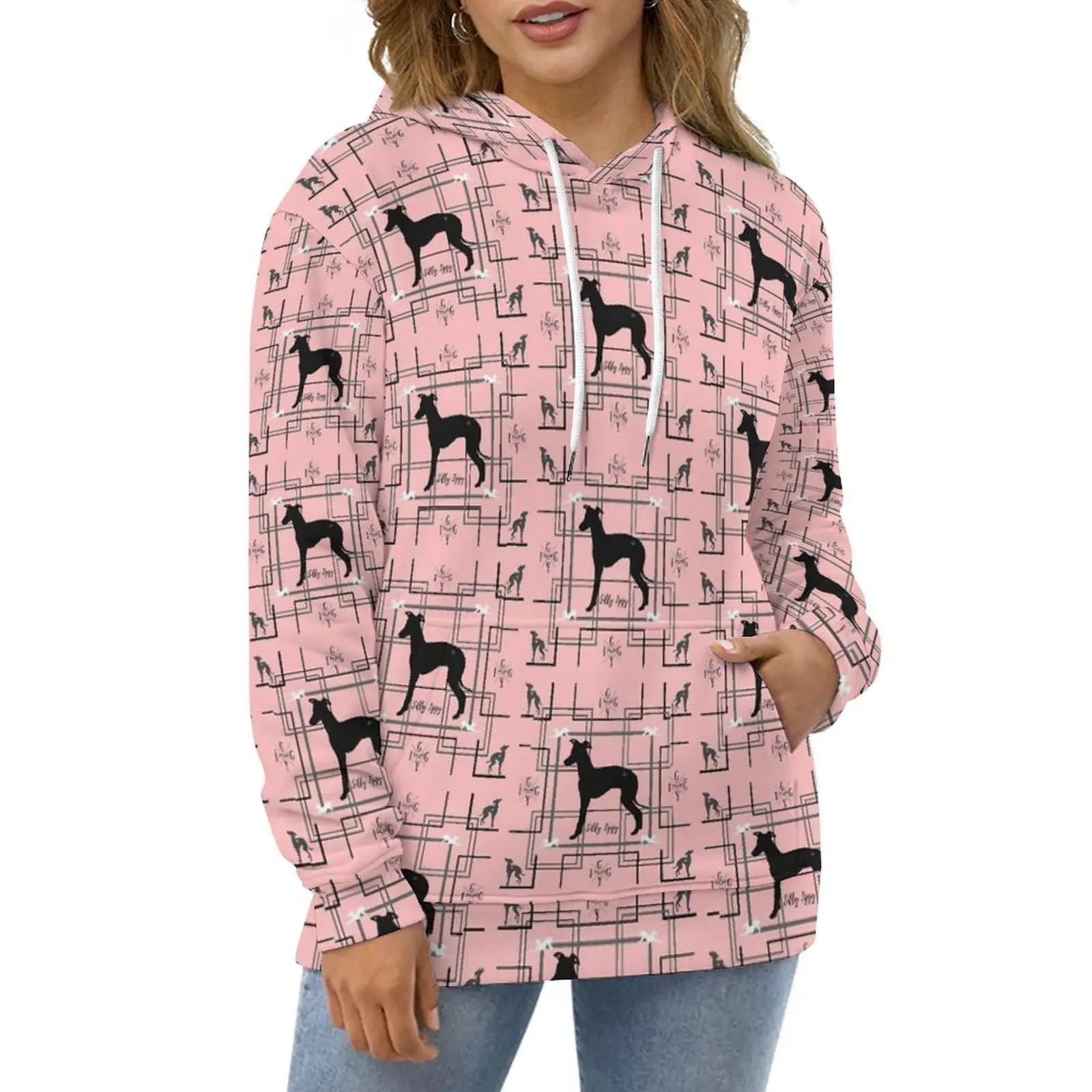 

Black Dog Print Hoodies Long-Sleeve Animal Kawaii Casual Pullover Hoodie Winter Classic Oversized Loose Hooded Sweatshirts