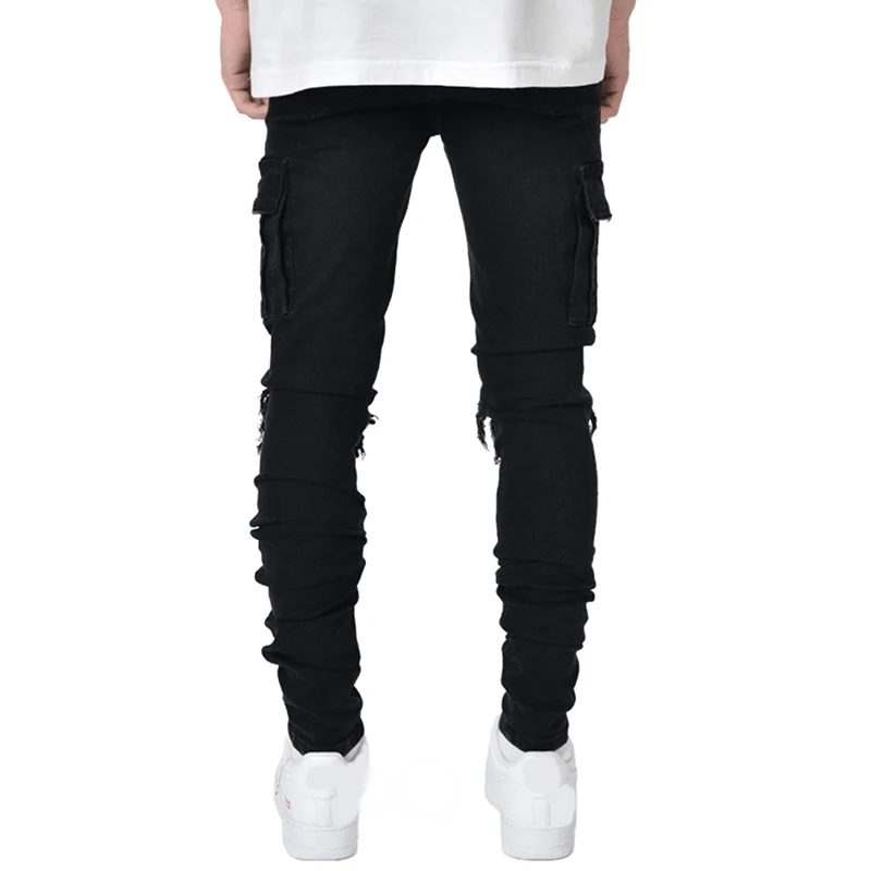 Men's Ripped Jeans Hole Trend Black Slim Jeans Multi Pockets Zipper Denim Trouser Fashion Streetwear Cargo Pants Men