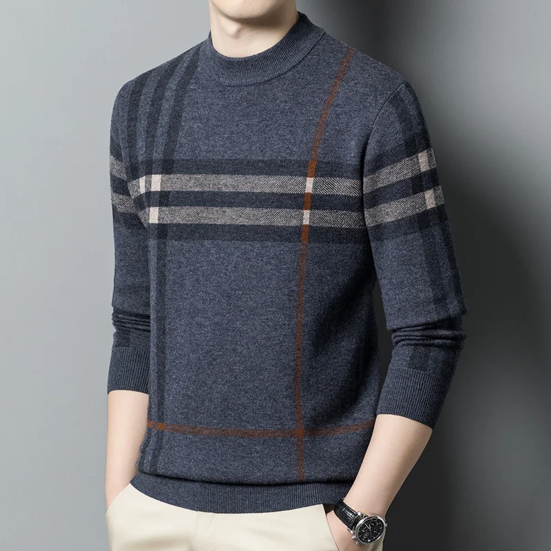 100% Pure Wool Sweater Jacquard Plaid Sweater round Neck Winter Thickened Middle-Aged Men's Base Autumn and Winter Sweater