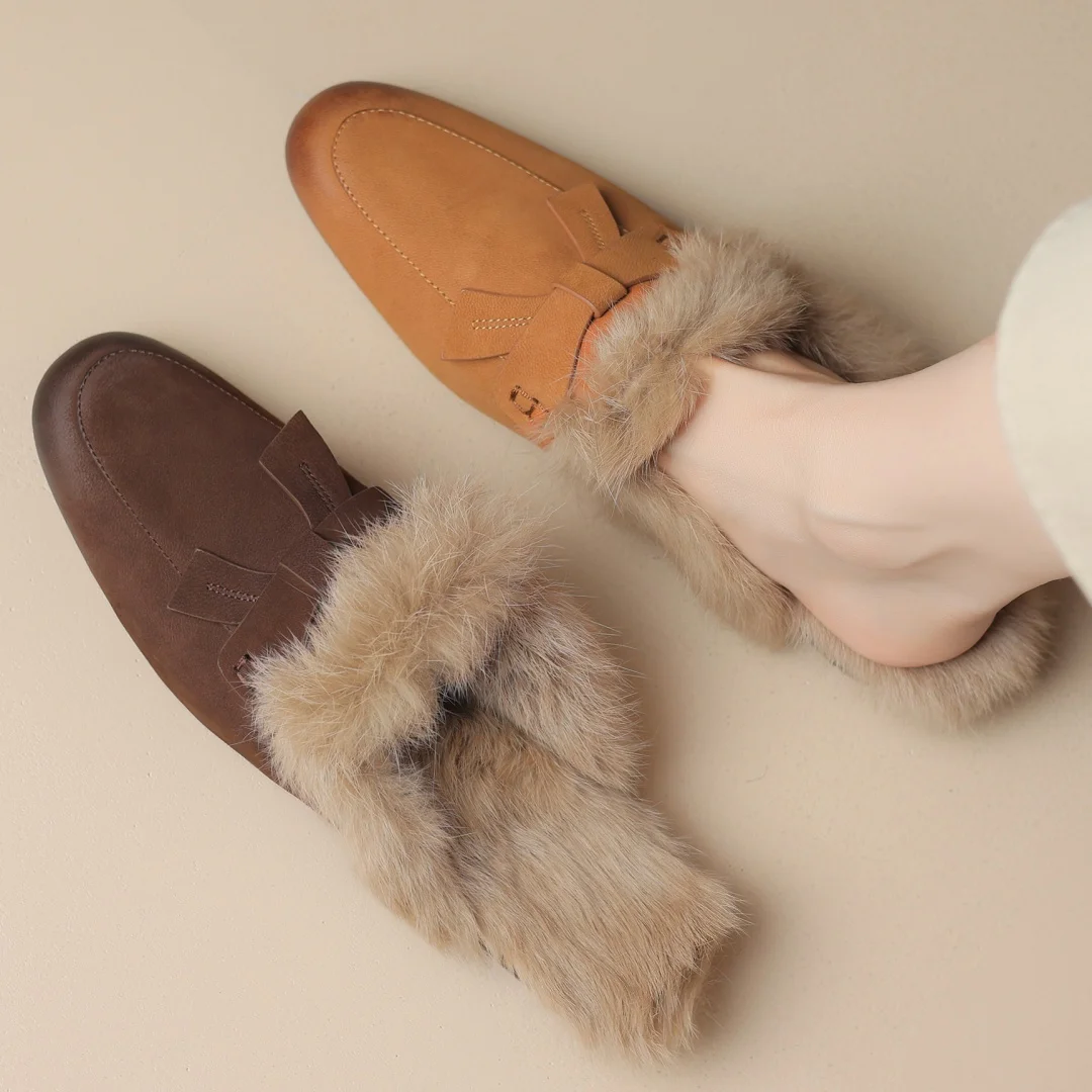 Большой размер 41 женские слипоны на плоской подошве из овчины с кроличьим мехом