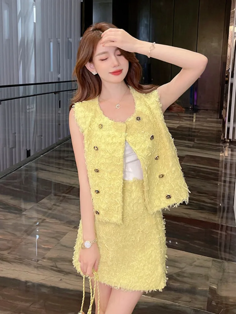 

Женский модельный костюм из двух предметов, элегантный роскошный вязаный жилет с кисточками и Повседневная шикарная юбка с высокой талией