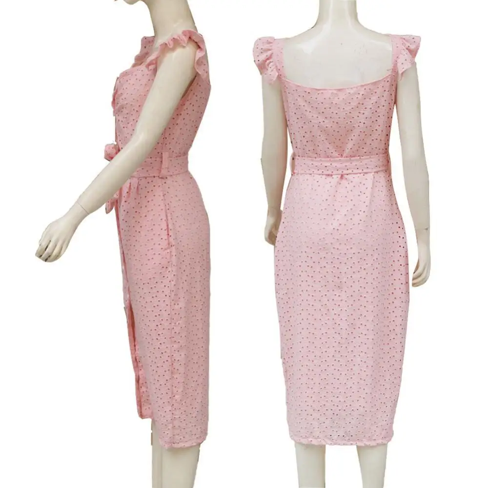 

Midi Dress Dress Sleeveless Women Bodycon Sexy Ruffled Edges Embroidery Buttons Belt Midi Dress