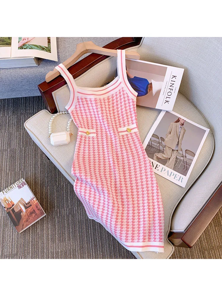 

2023 Summer Sexy Backless Slash Neck Knitted Striped Suspender Dresses Vestido Women's Sexy Party Kawaii Dresses Female Clothes