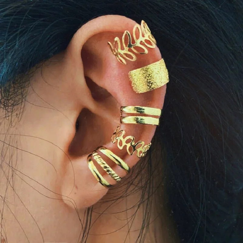 

Creative Simple Earless Piercing Ear Bone Clip Five-piece Set Personalized Gold Leaf Hollowed Out Multi-layer Ear Ornaments