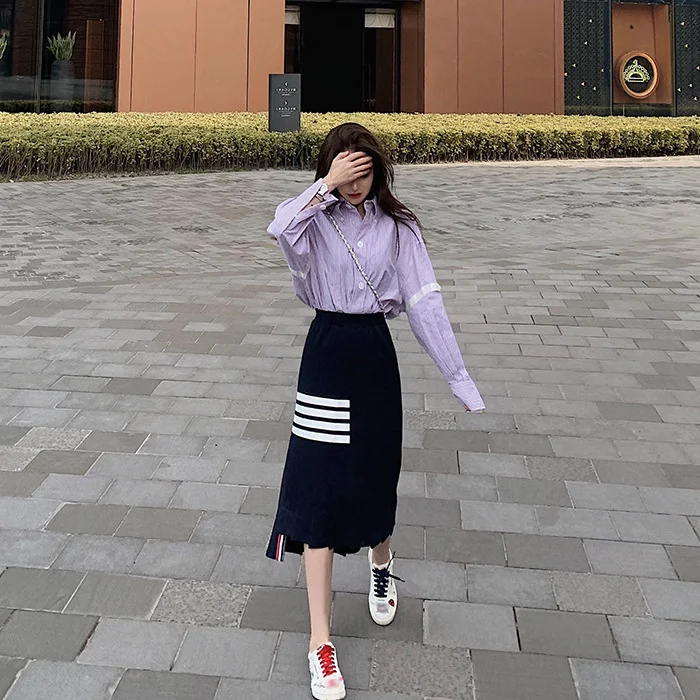 TB college style casual striped knitted hip women's pleated mid-length irregular net red one-step skirt thin