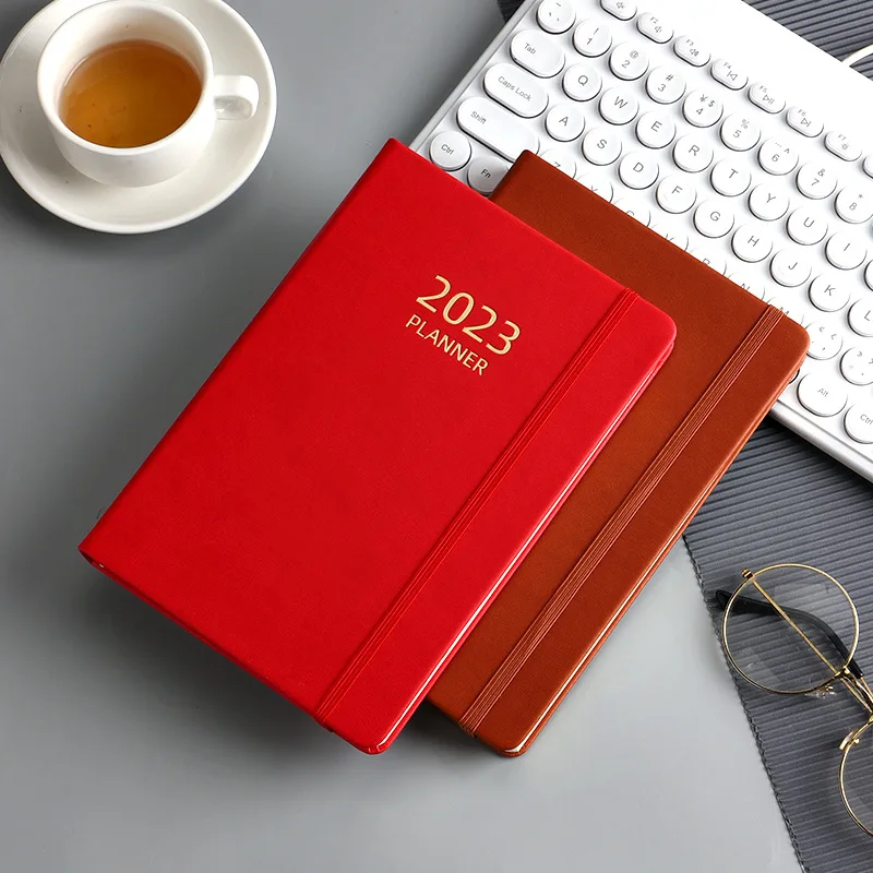 

2023 New A5 Calendar Strap Notebook Texture PU Leather Daily Weekly Monthly Plan To Do List Business Efficient English Notebooks