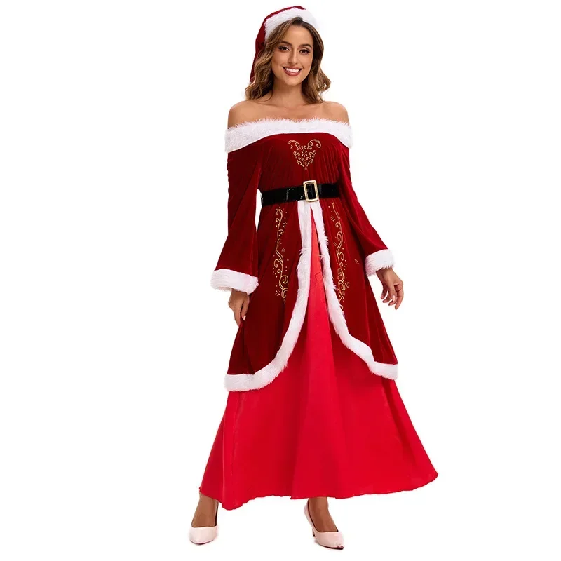 Santa Claus costumes Christmas Adult Women Deluxe Party Role Play Mrs Costume Long Dress Red Velvet