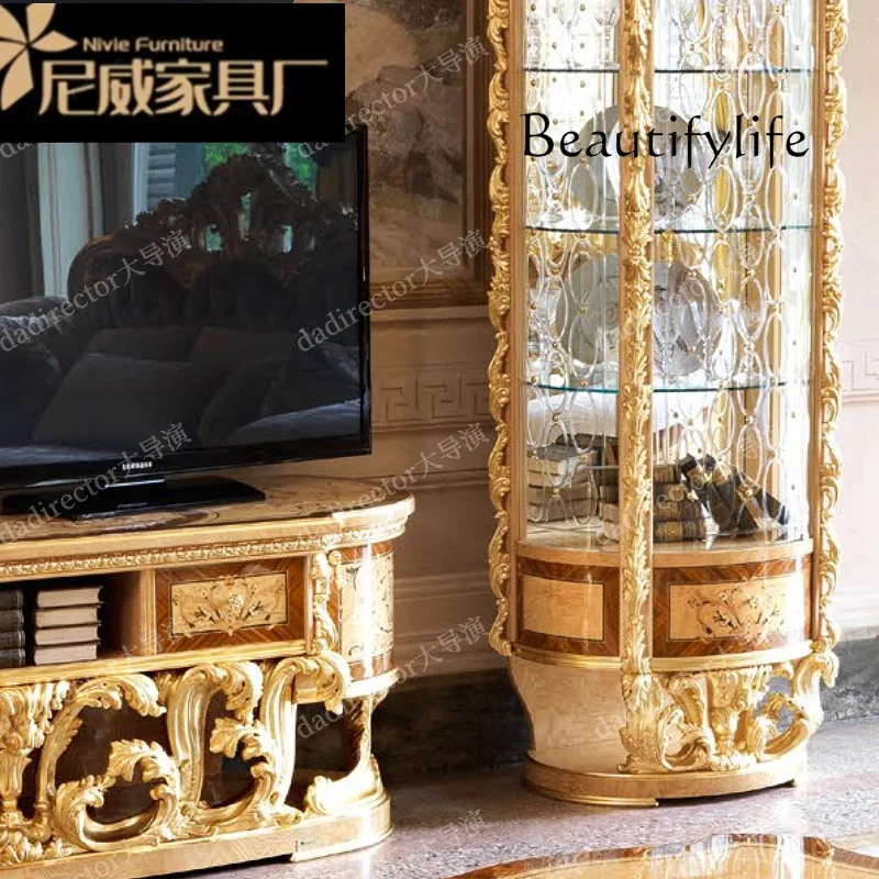 Роскошный шкаф для телевизора из цельного дерева французская гостиная золотая