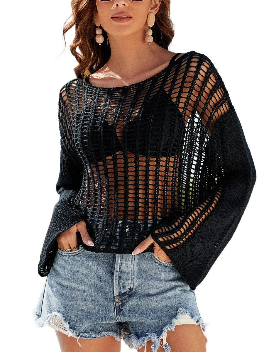 

Women s 2023 Summer Crochet Hollow Out Long Sleeve Beach Bikini Swimsuit Mesh Cover Up Tunic Top