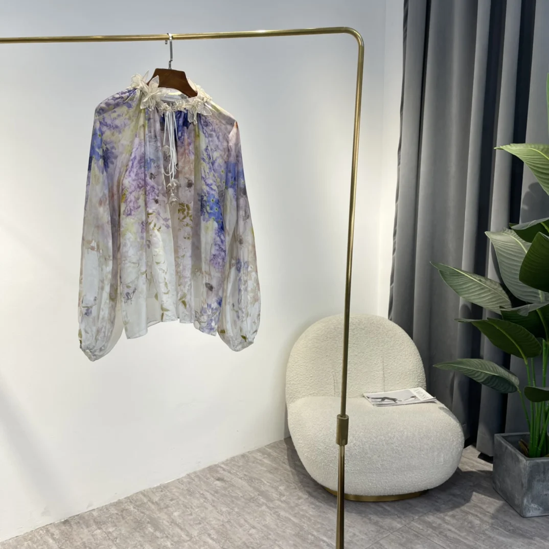 

2022 Spring New Arrival High Quality Hand Made Flowers Appliques Long Lantern Sleeve Violet Romantic Loose Floral Blouse