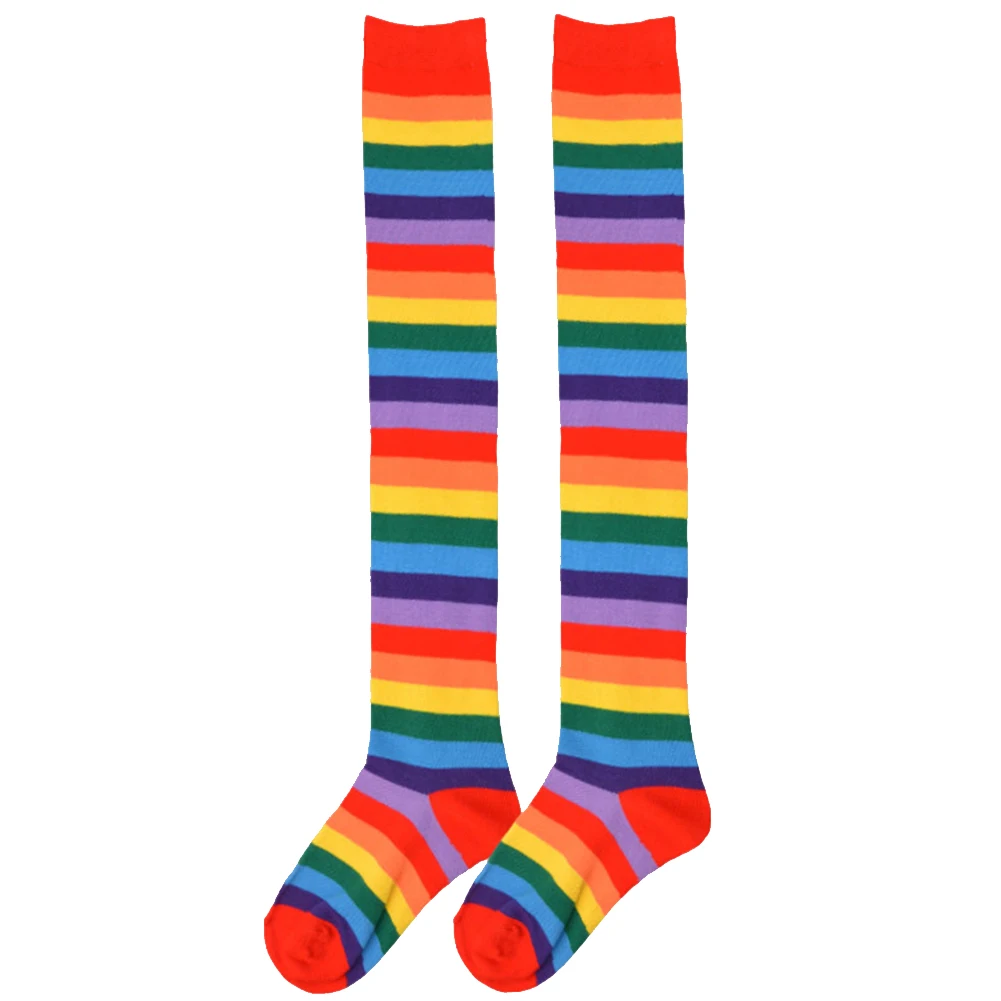 

1 Pair Comfortable Gifts Flexible Autumn Stocking Women Long Socks Adult Knee High Party Elastic Striped Casual Rainbow Soft