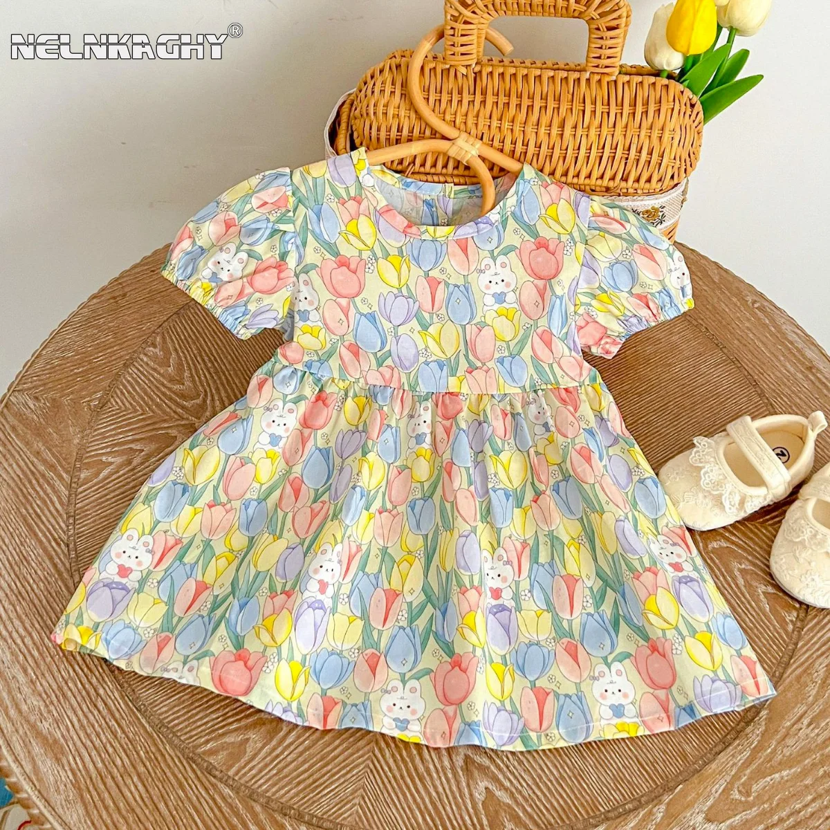 

2023 Summer New In Kids Baby Girls Short Sleeve Flower Bunny Knee-length Dresses Infant Children Cute Cotton Clothes 3M-3Y