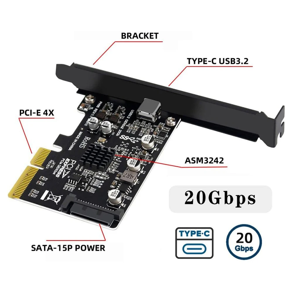 

Nku PCI Express Riser ASM3242 PCIE X4 to TYPE-C 3.2 Gen2 20Gbps Expansion Card with with 15-pin SATA Power Port for Windows PC